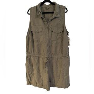 ana Sleeveless Olive Green Button-Up Romper plus size